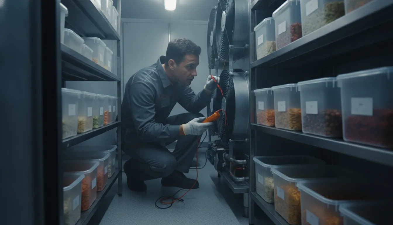 Technician checking an evaporator and fan assembly inside a commercial walk-in cooler in DFW