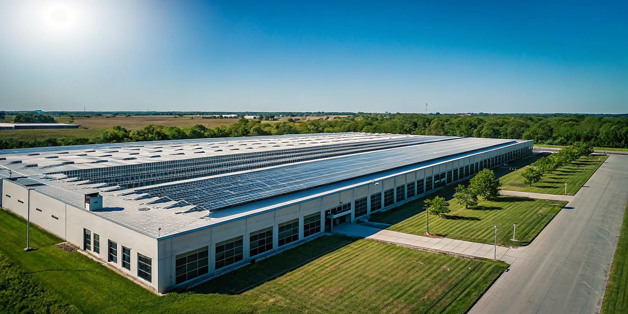 Aerial view of a commercial data center with solar panel arrays in Kansas