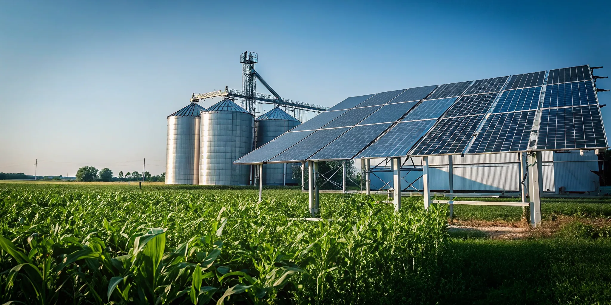 Kansas grain elevator and drying facility with solar panels installed on adjacent land, afternoon