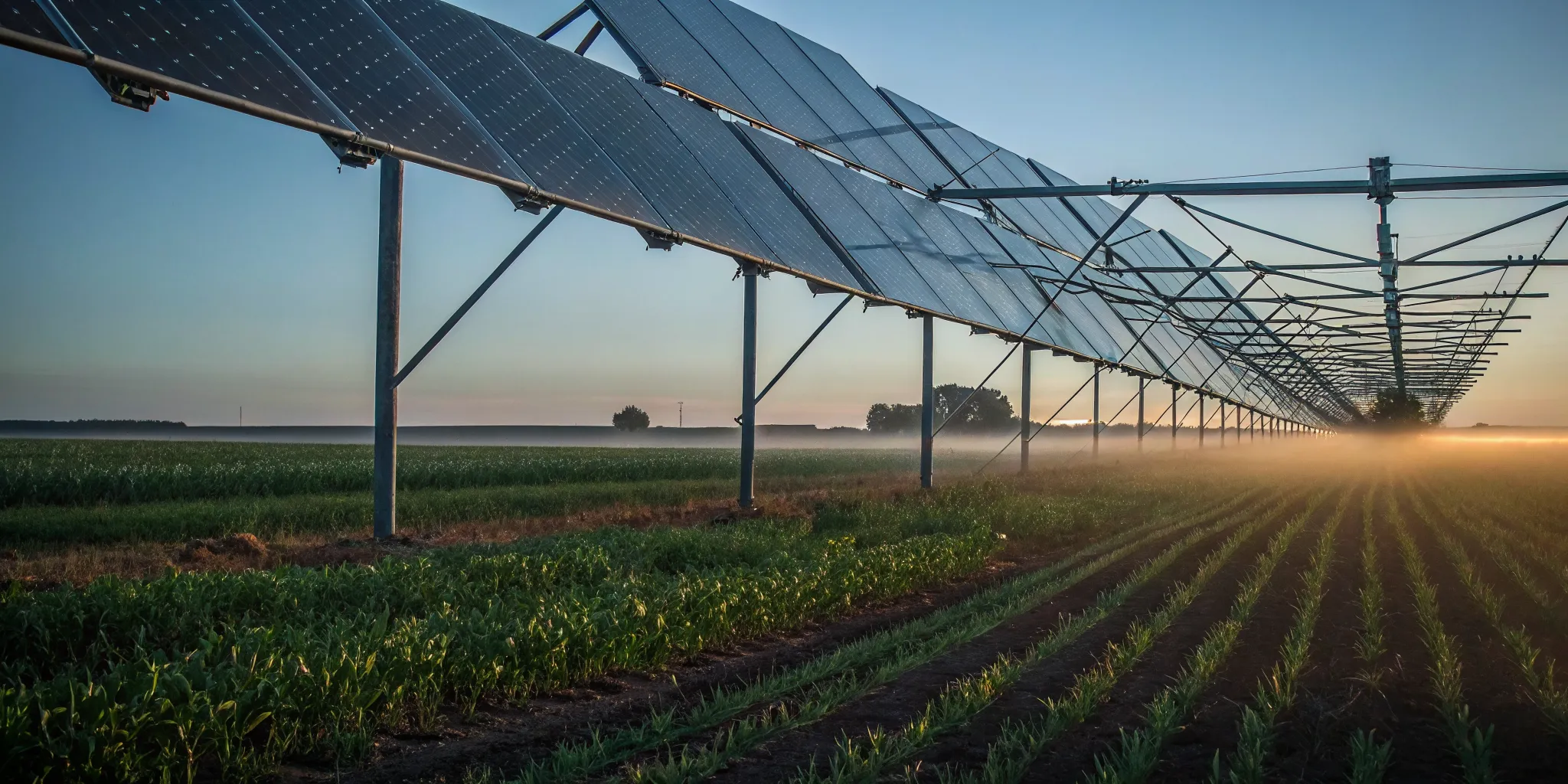 Kansas center-pivot irrigation field with solar panels installed in the pivot corner, sunrise