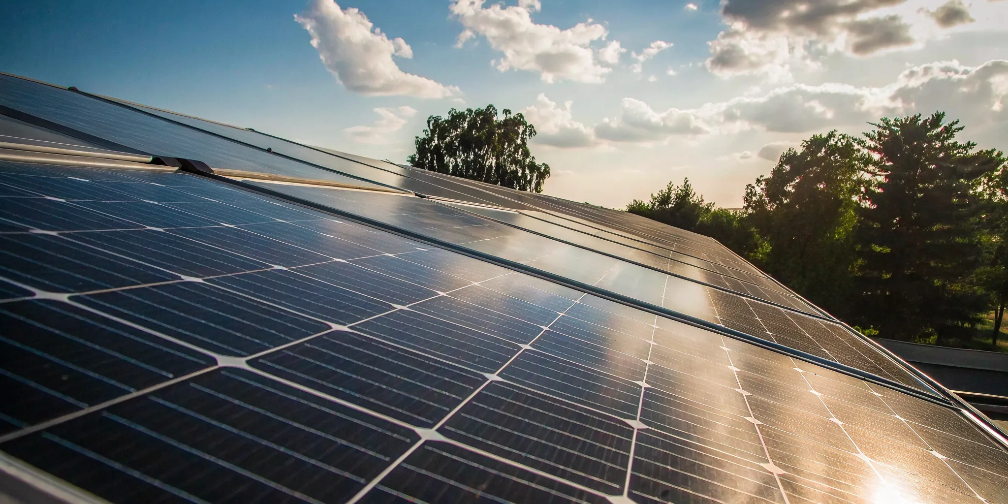 Close-up of modern photovoltaic solar panels on a commercial building roof in Kansas