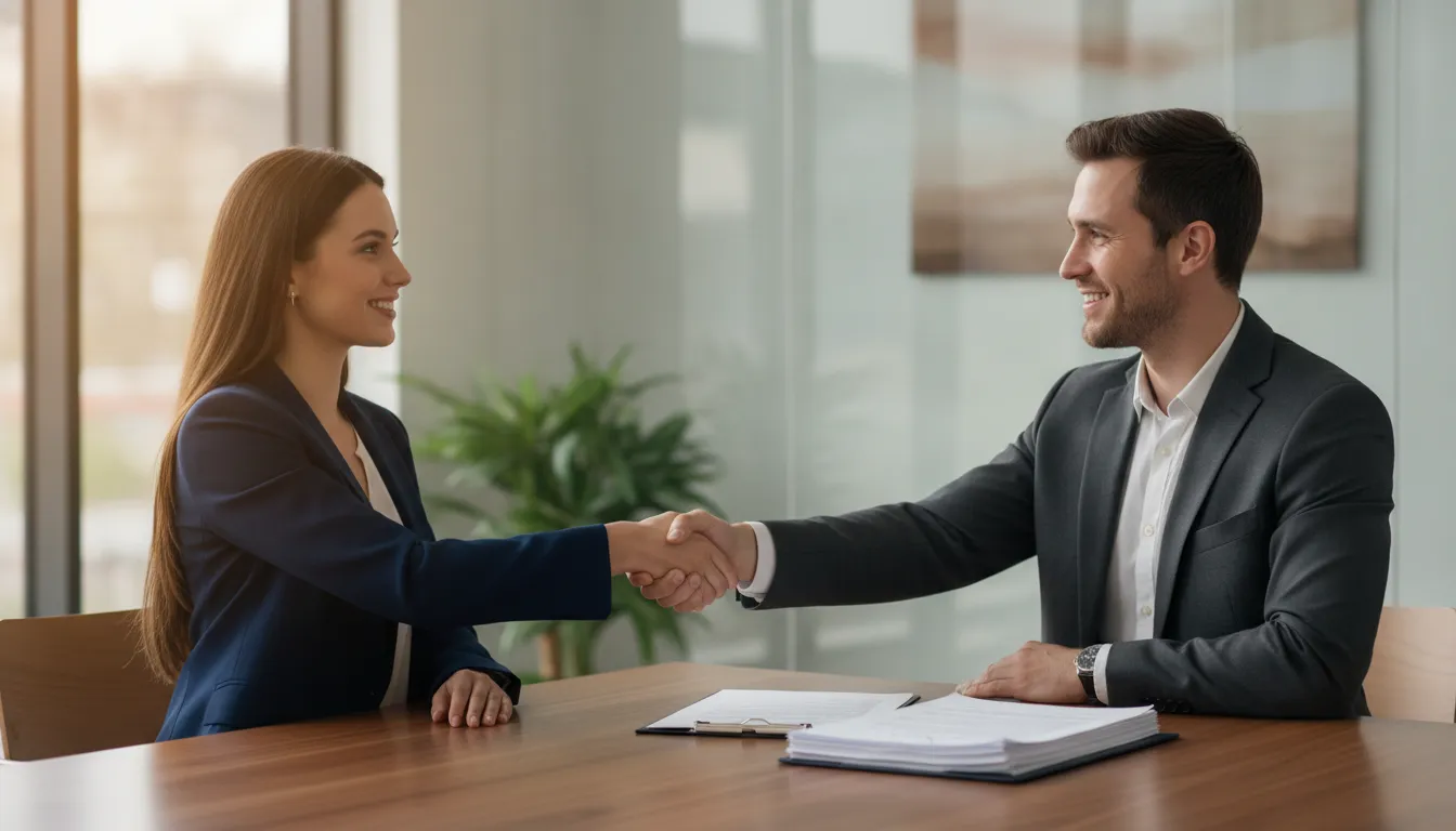 Mortgage borrower closing on a home loan with a loan officer at the final signing