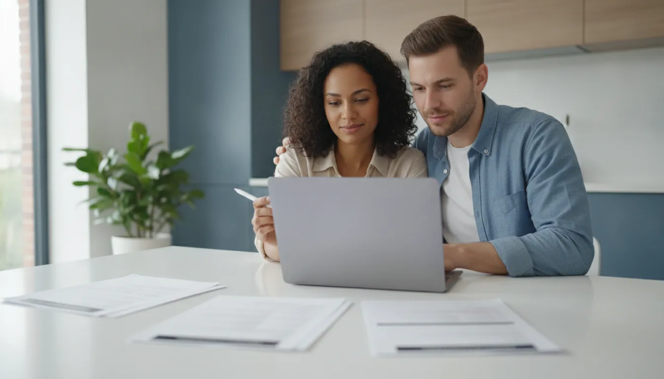 Borrower comparing multiple mortgage loan offer documents across a table