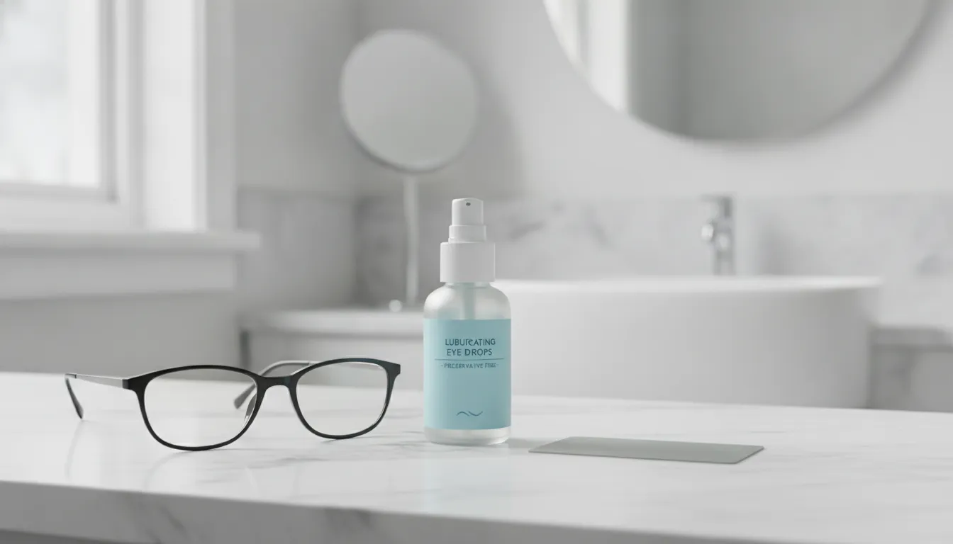 FSA eligible eye drops on a clean bathroom counter