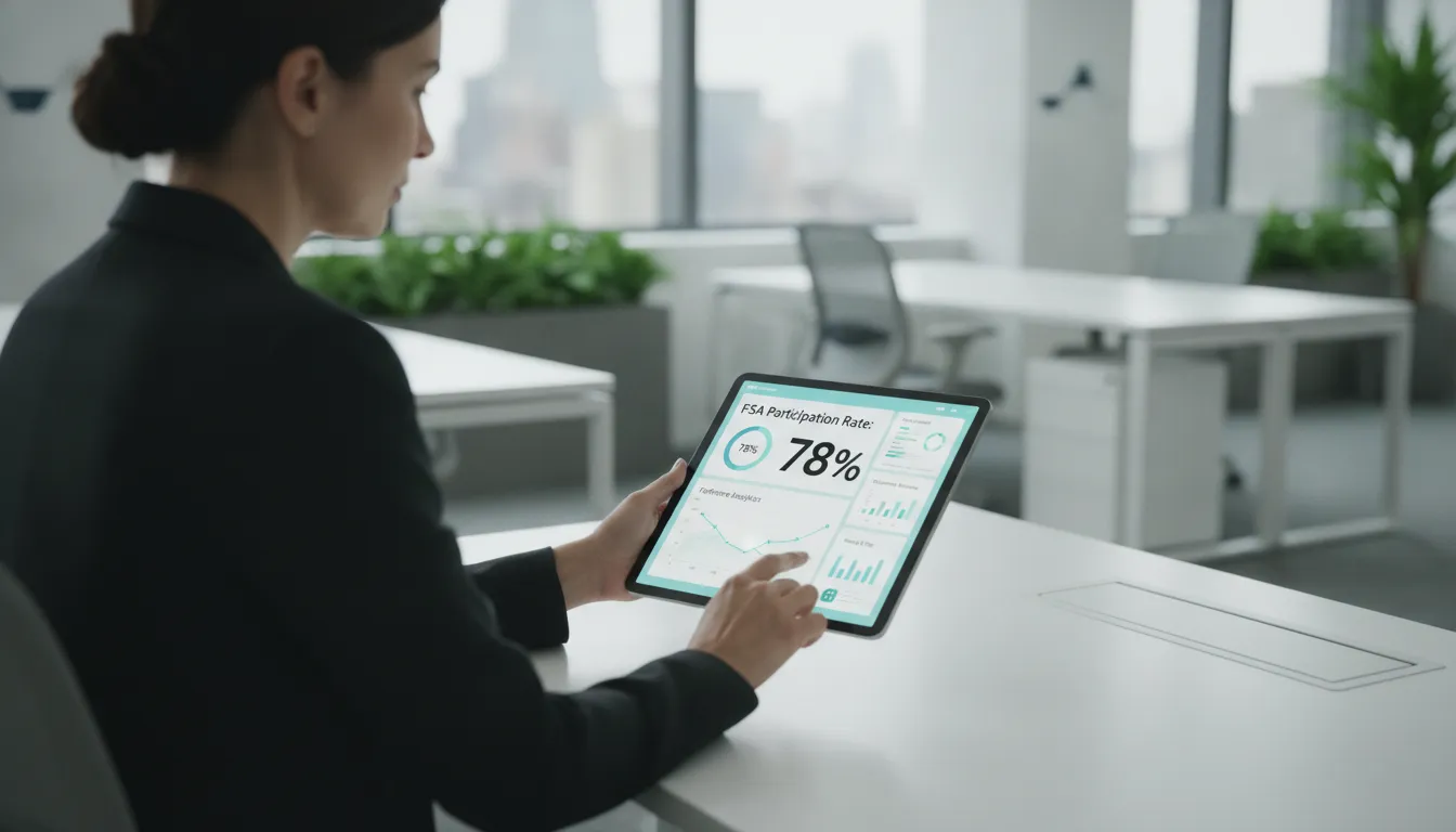 HR professional reviewing modern benefits dashboard showing FSA participation and forfeiture data