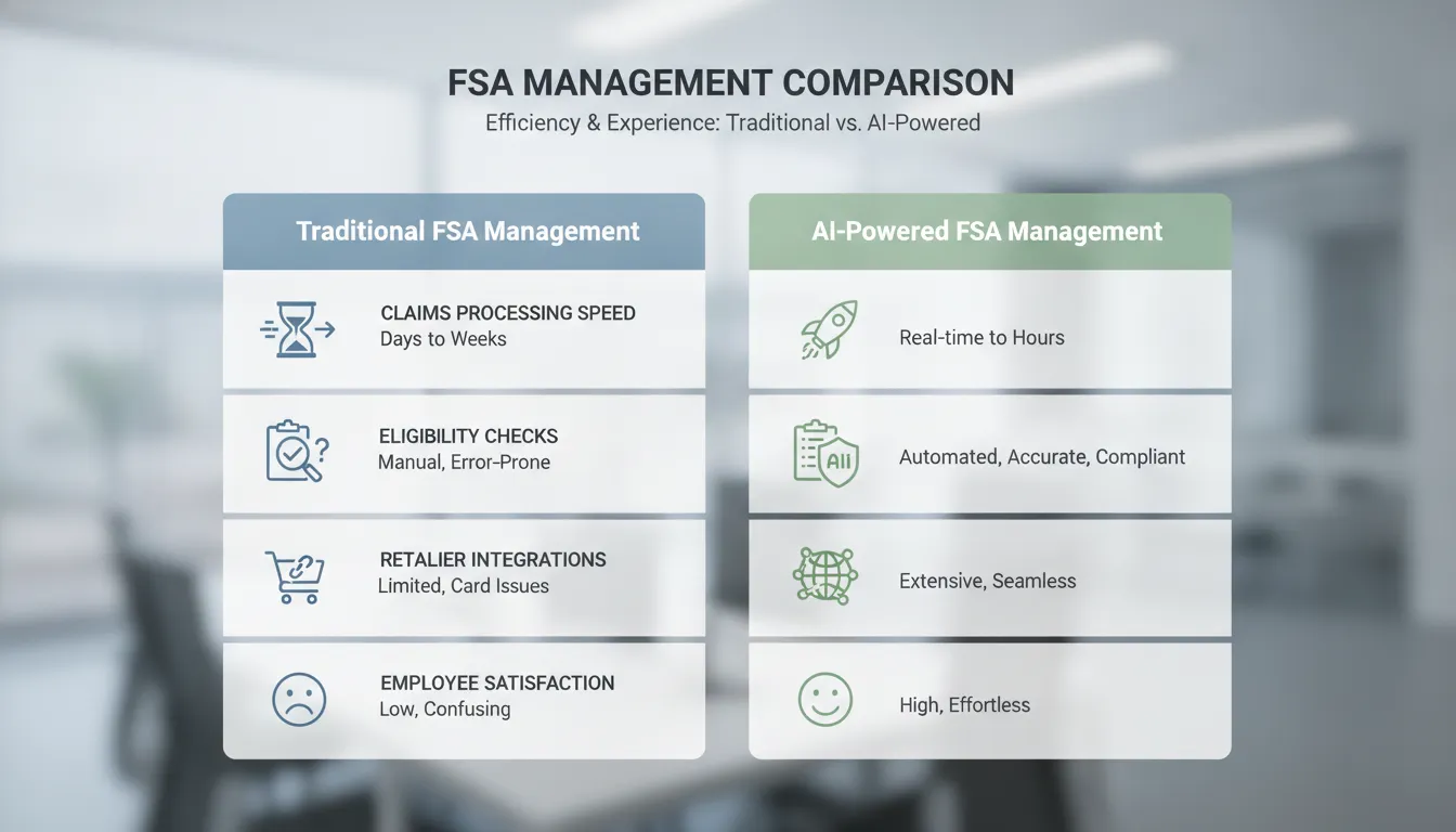 Comparison chart showing traditional FSA administration versus AI-powered FSA management across key metrics