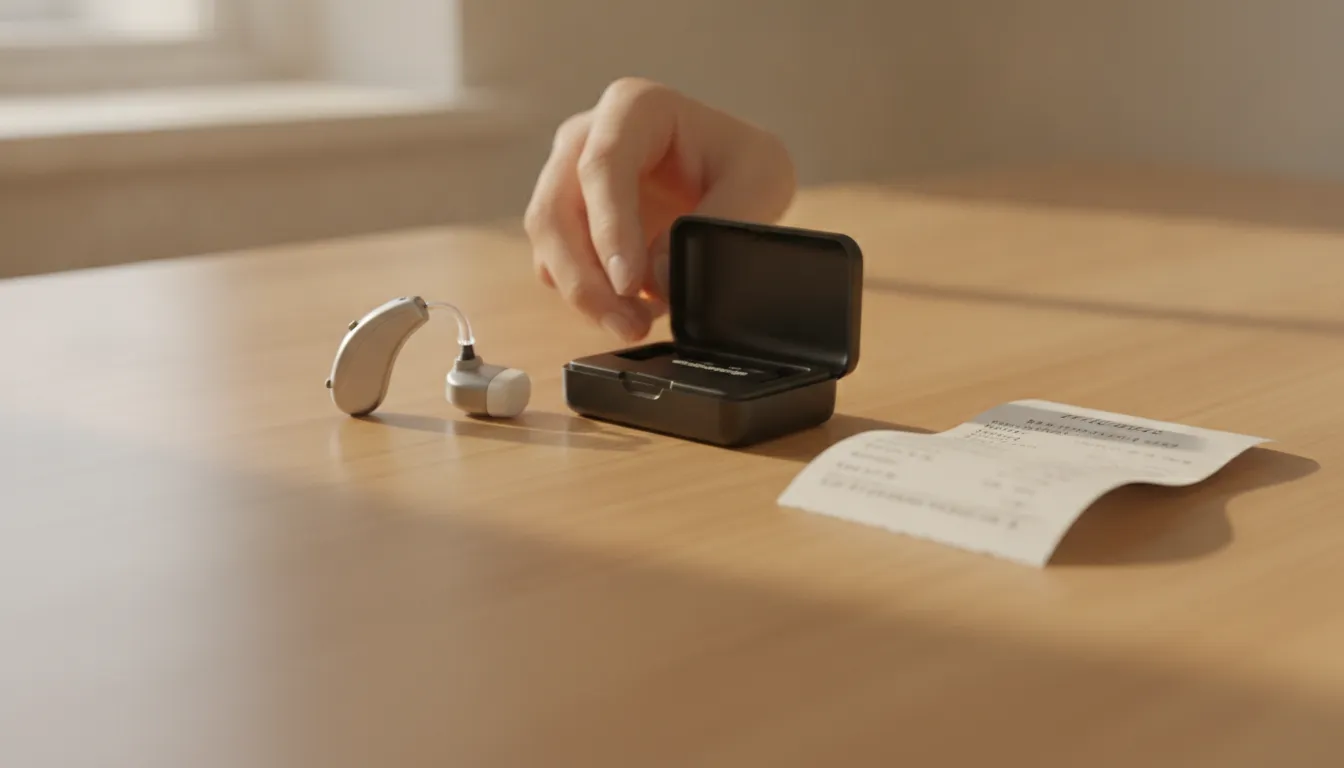 Hearing aid beside a receipt prepared for FSA reimbursement