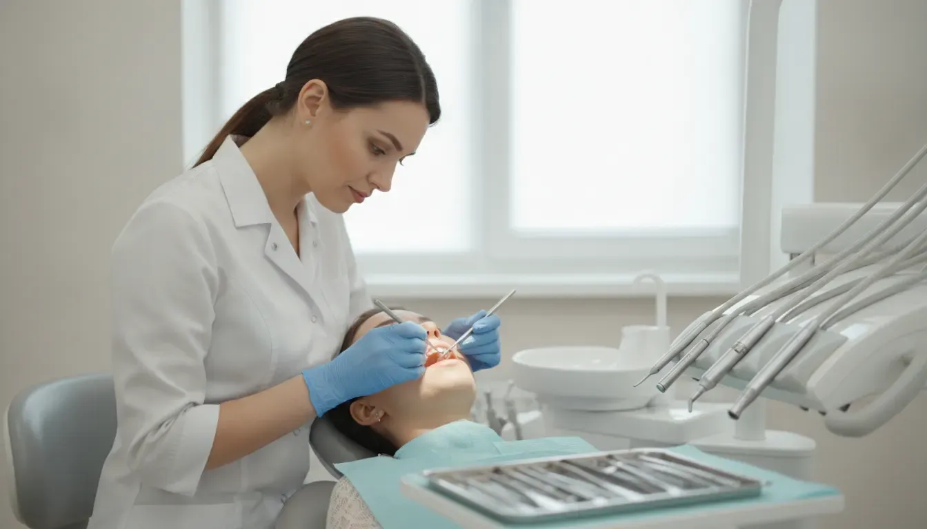 Dentist examining a patient during restorative dental care