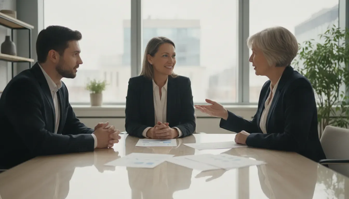 Small business owner and HR professional discussing health reimbursement choices with an adviser