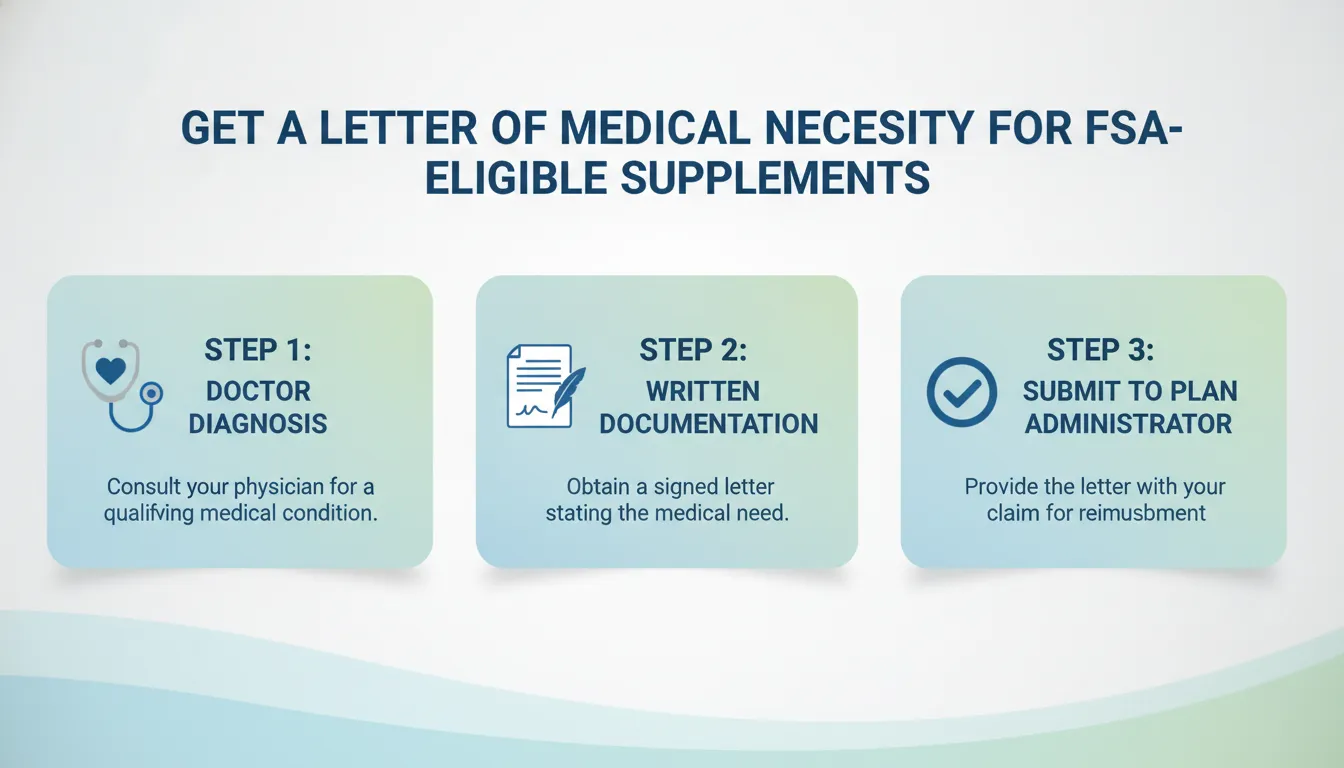 Three-step process for obtaining a Letter of Medical Necessity for FSA-eligible supplements showing diagnosis, documentation, and submission