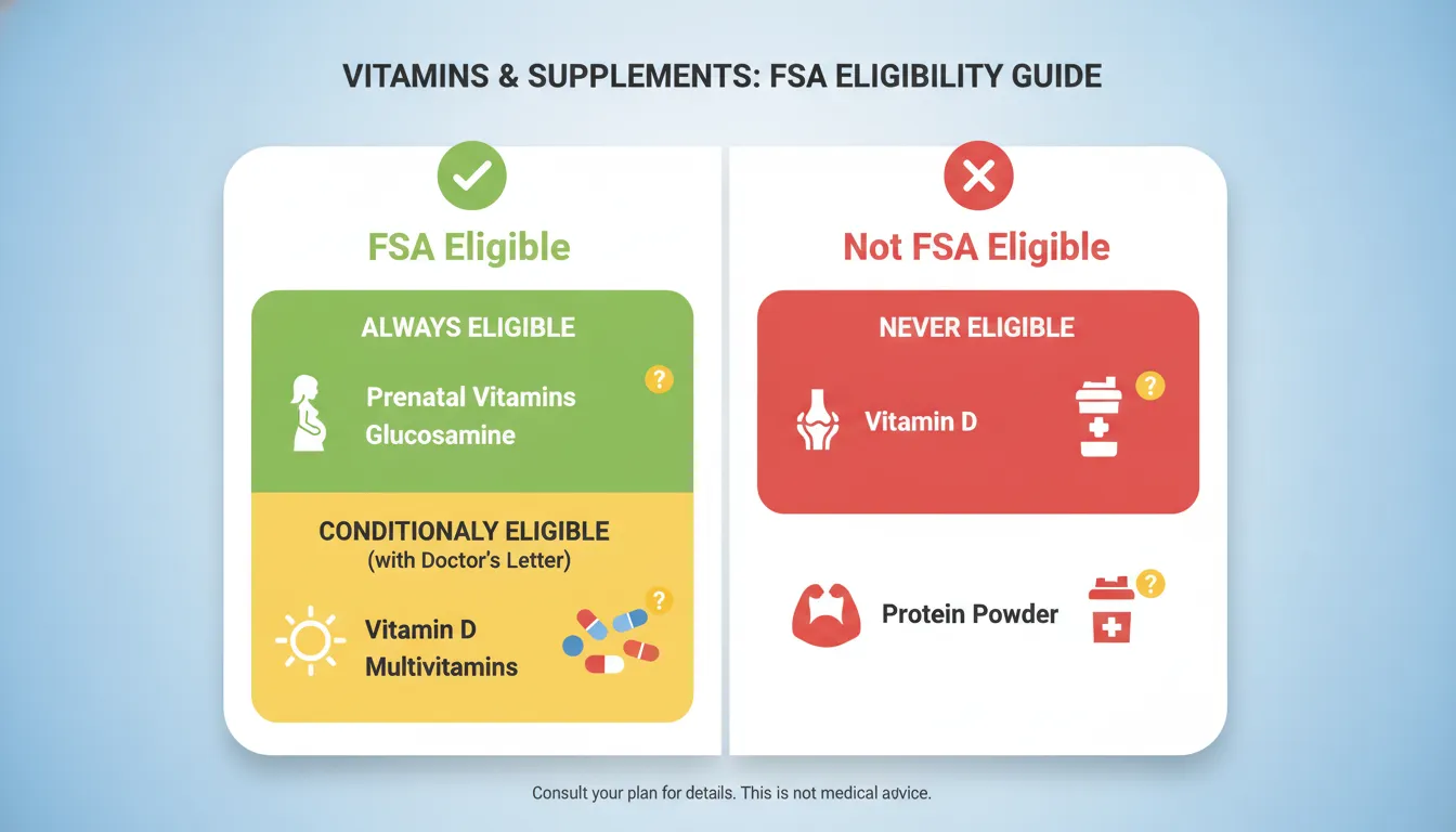Visual comparison chart of FSA eligible versus non-eligible vitamins and supplements with color-coded status indicators
