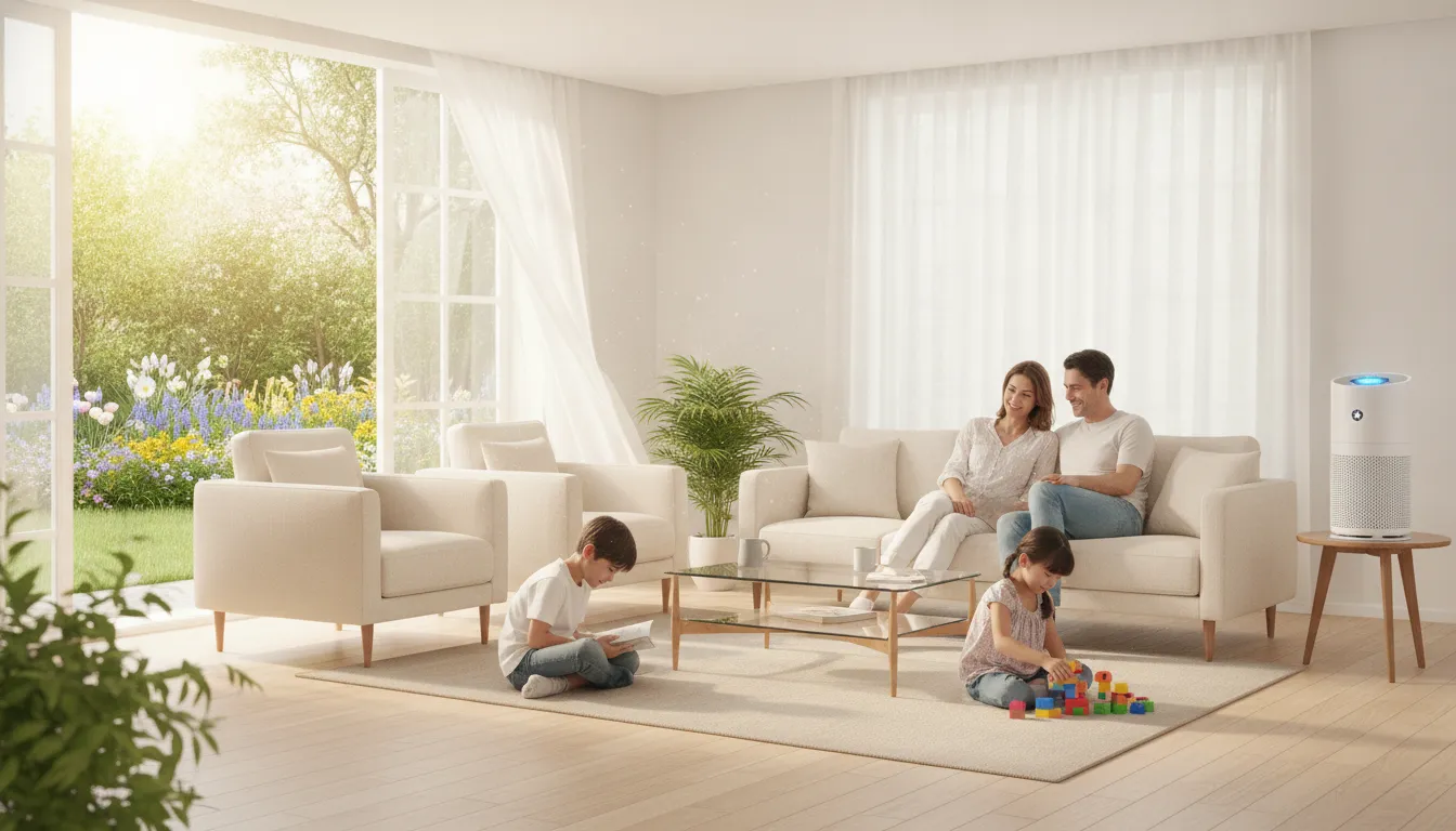Air purifier operating in a bright home near an allergy sufferer