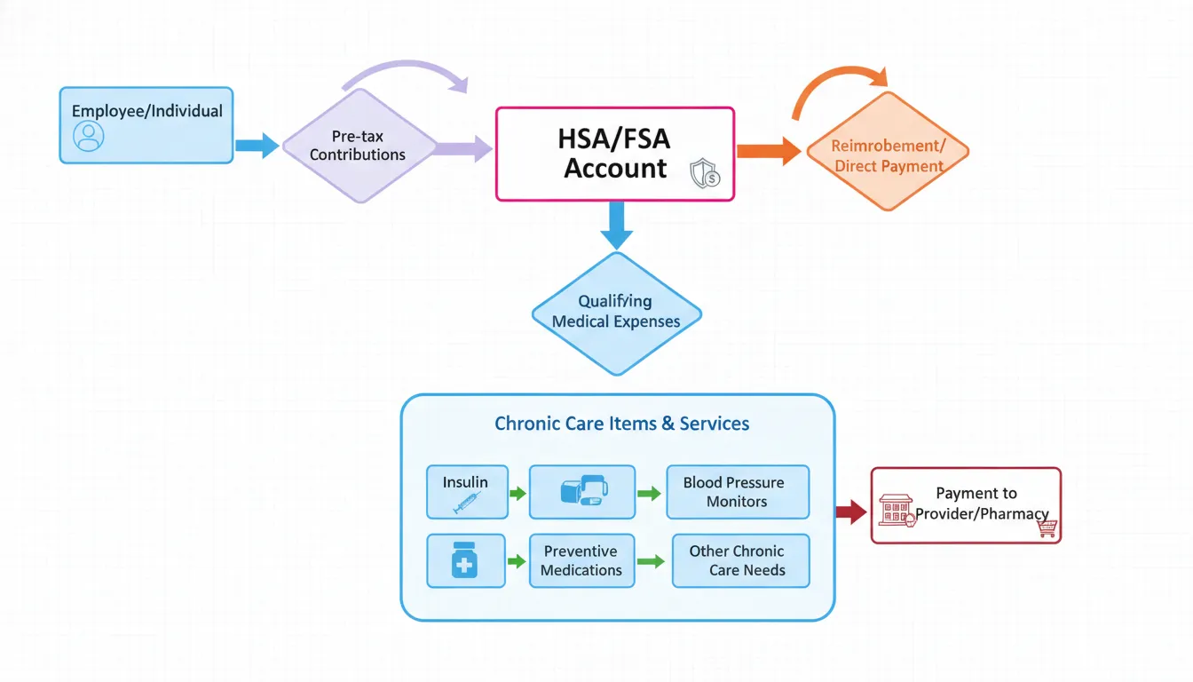 Workflow diagram showing the HSA chronic care management process from account connection through eligible product purchase and automated reimbursement