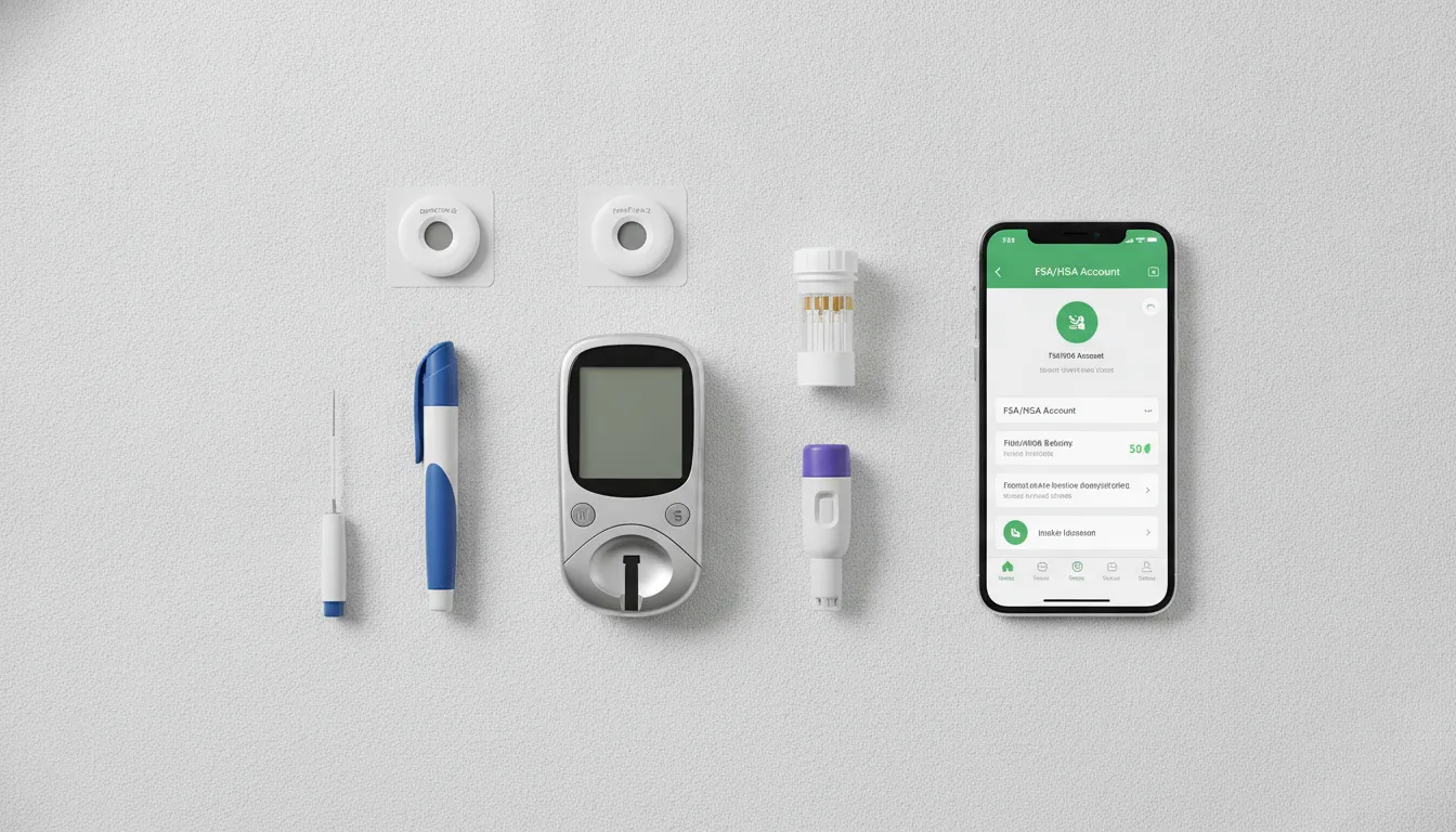Flat lay of diabetes management supplies including Dexcom CGM, FreeStyle Libre sensor, insulin pen, glucose meter, test strips, and a smartphone displaying an FSA/HSA app interface