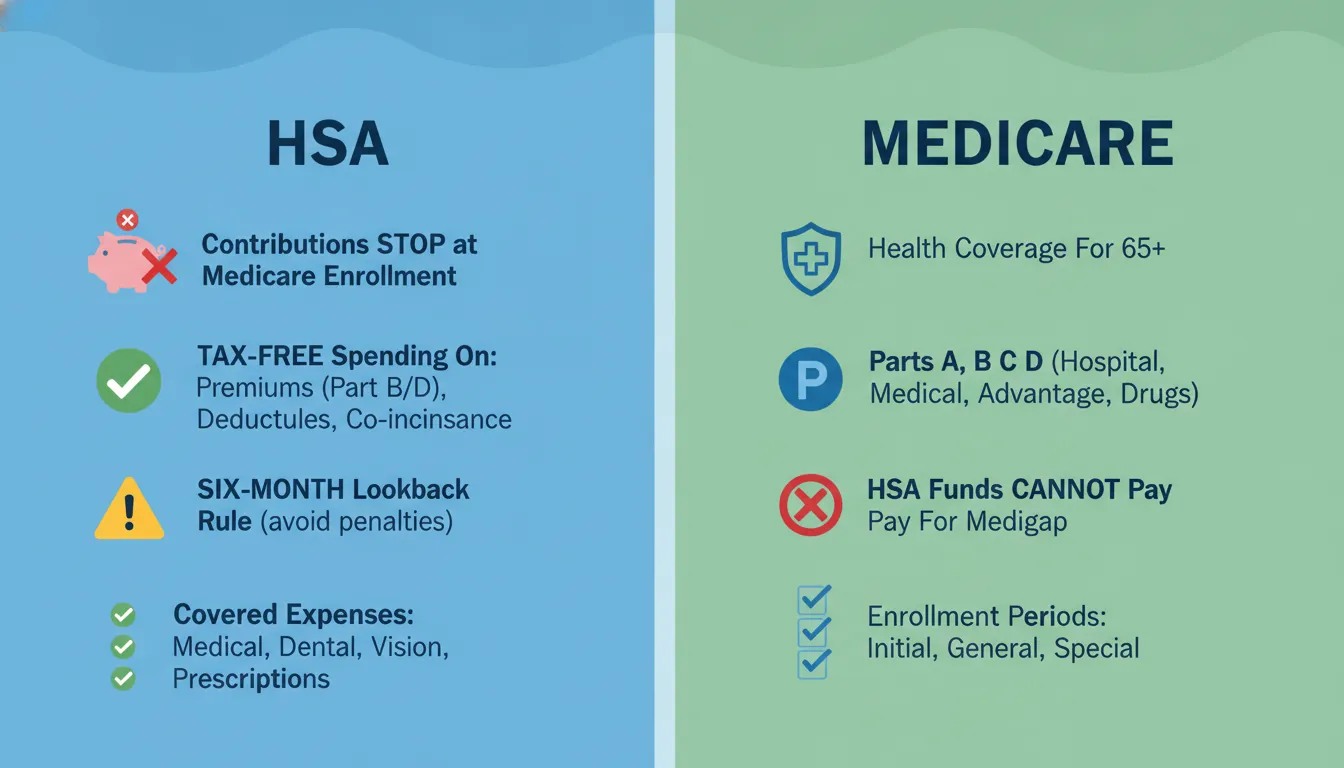 Comparison of HSA and Medicare rules showing contributions stop at enrollment but existing funds remain usable for premiums and deductibles