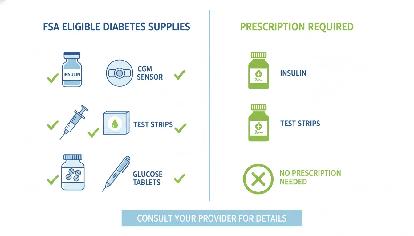 Comparison infographic showing FSA eligible diabetes supplies including insulin, CGM sensors, test strips, lancets, and glucose tablets with FSA/HSA eligibility labels