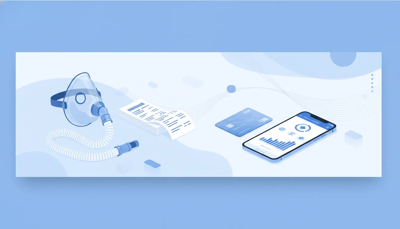 FSA eligible CPAP supplies organized with receipts and a health benefits app