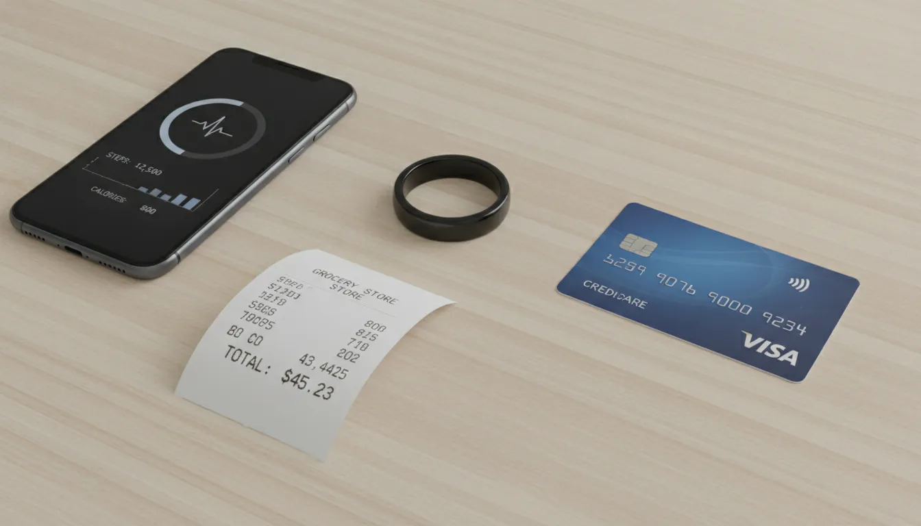 Flat-lay composition of a smart ring, smartphone with health dashboard, printed receipt, and debit card on a light wood surface