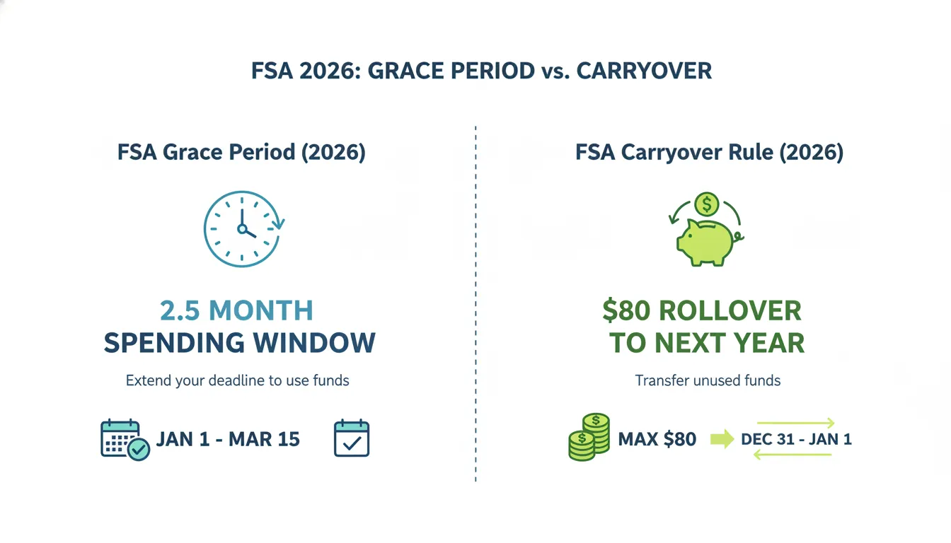 Split diagram comparing FSA grace period versus carryover rule features for the 2026 plan year