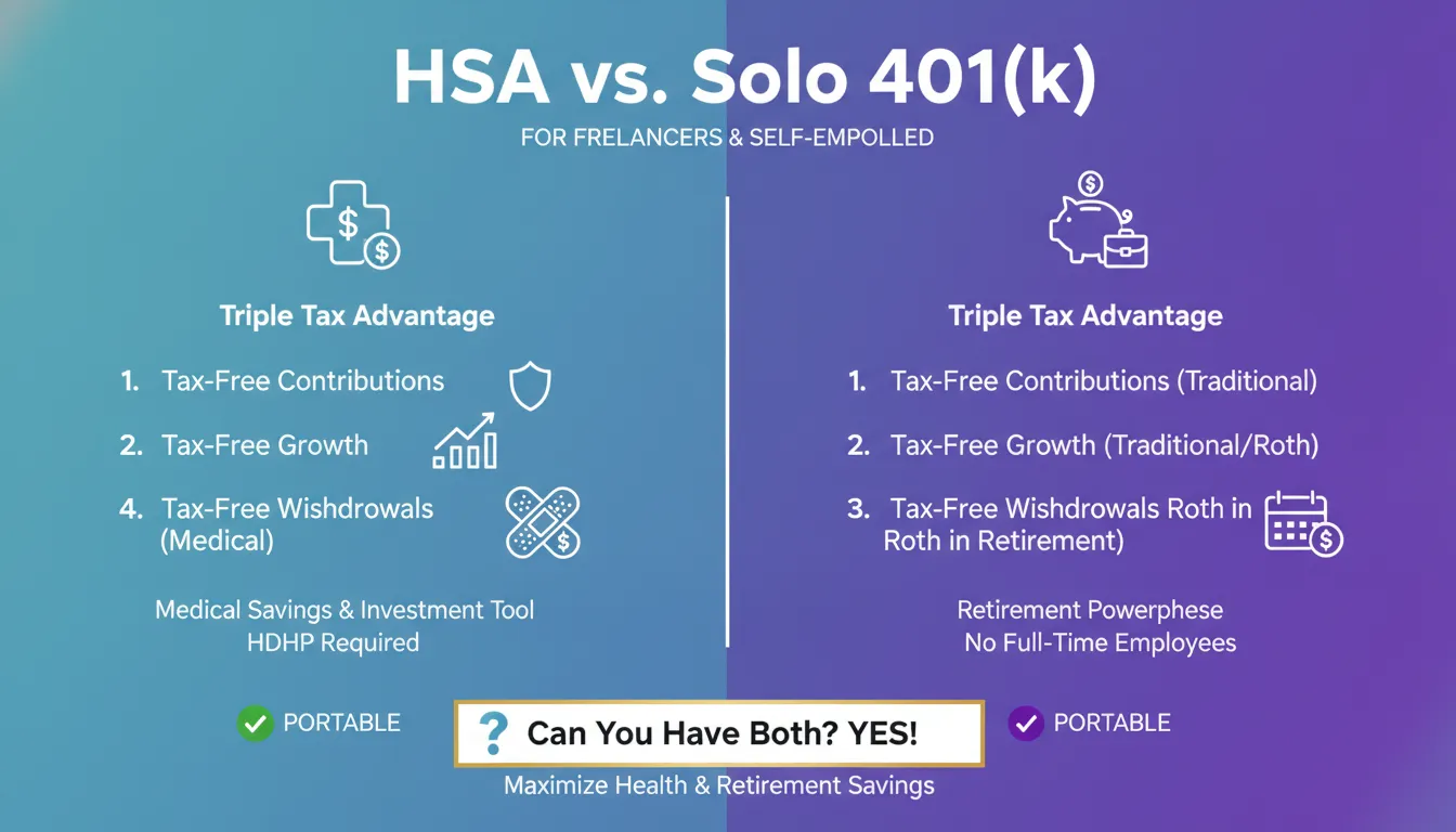 Comparison diagram showing HSA triple tax advantage versus solo 401k features for self-employed tax planning