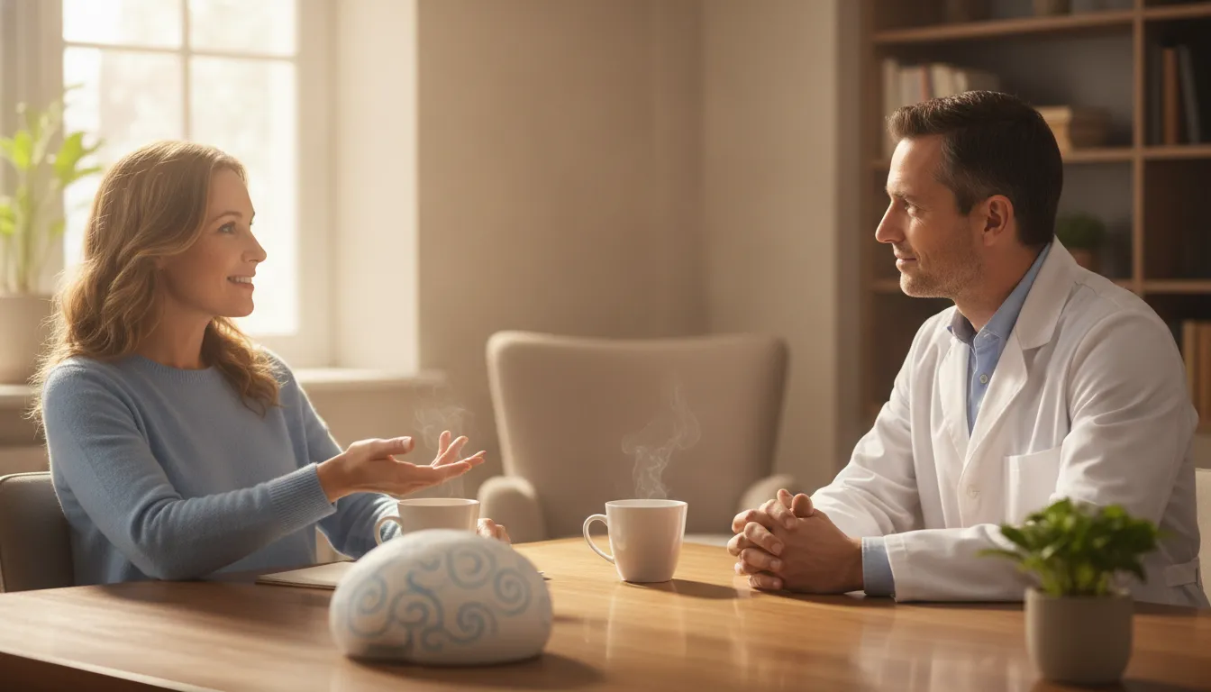 A person speaking with a doctor about their sleep health in a calm office