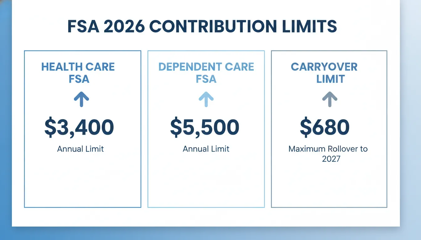 Infographic showing 2026 FSA contribution limits: $3,400 Health Care FSA, $7,500 Dependent Care FSA, with an upward arrow indicating increases from prior years