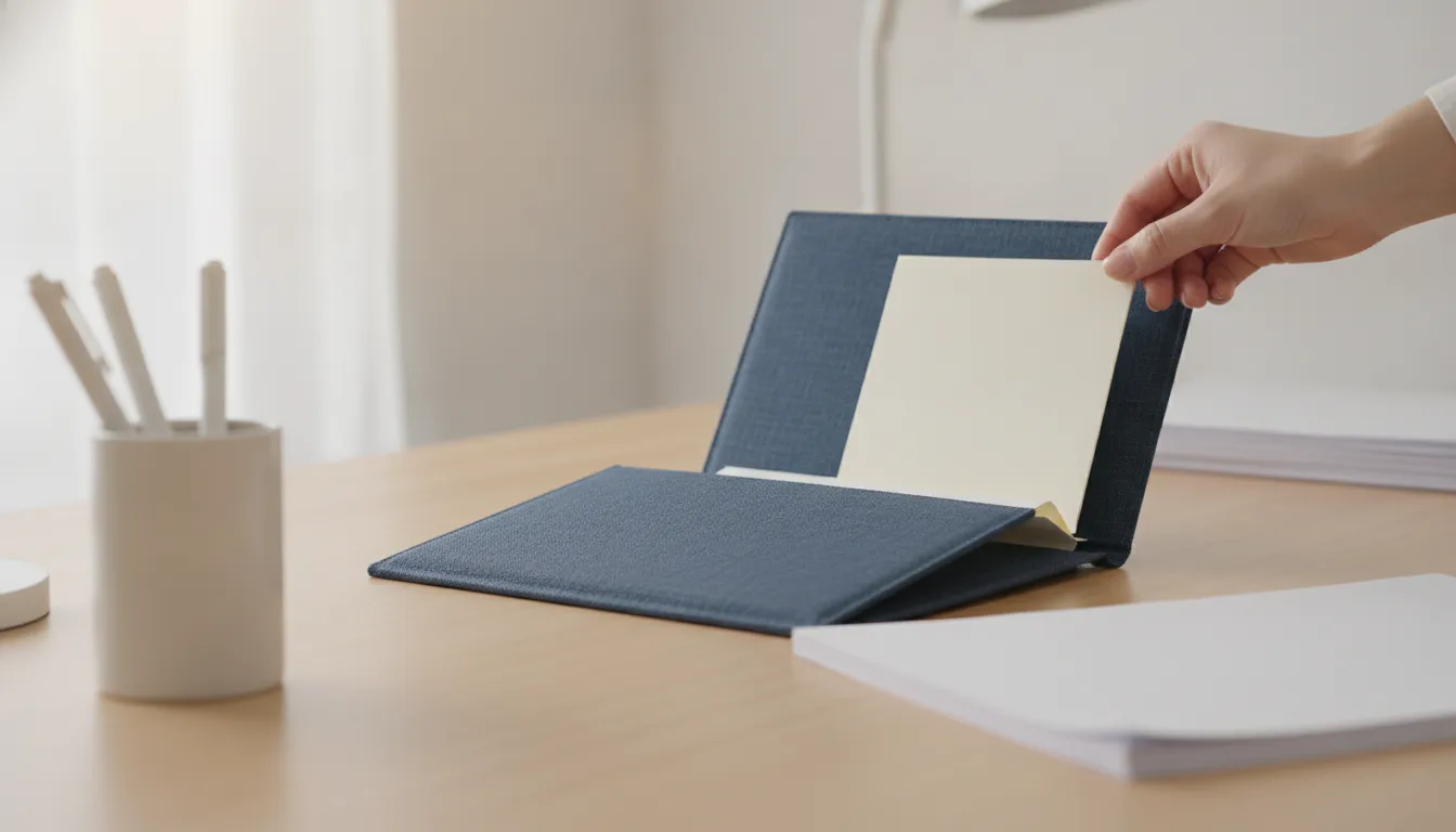 A person filing a signed healthcare provider note with their benefit records at a tidy desk