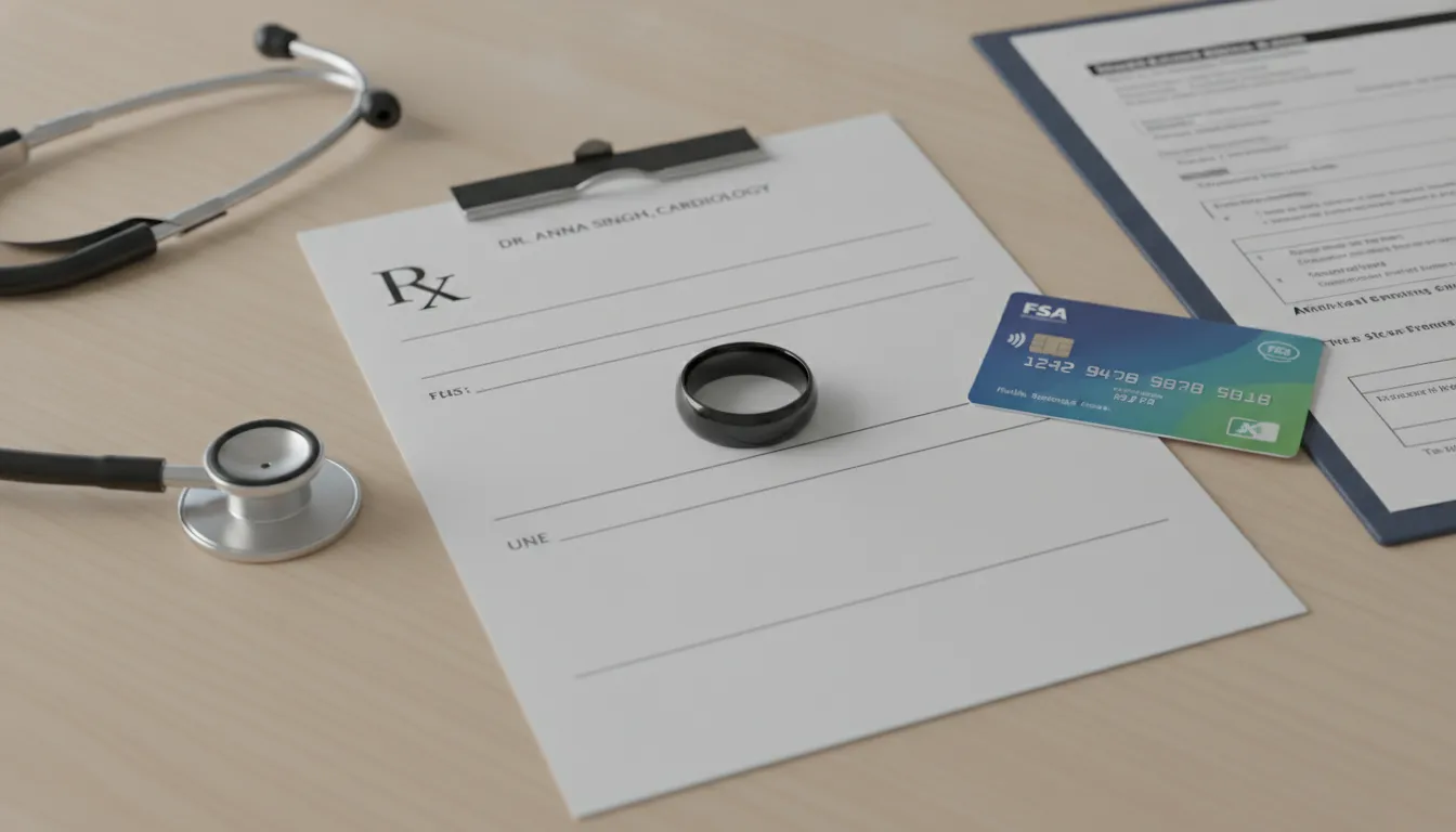 Medical office flat-lay showing a smart ring on a prescription pad with a stethoscope and FSA card, illustrating the Letter of Medical Necessity process