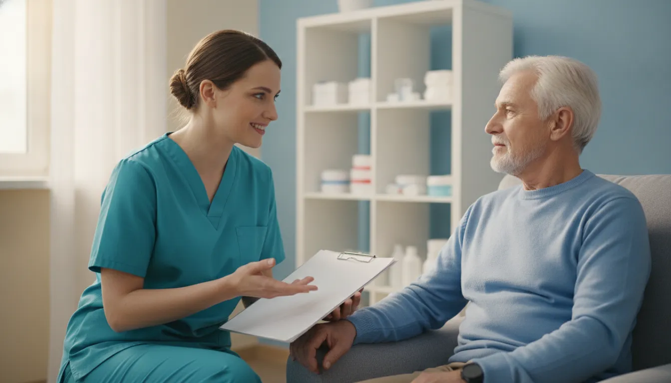 Provider and patient reviewing medical supplies and documentation in a clinic