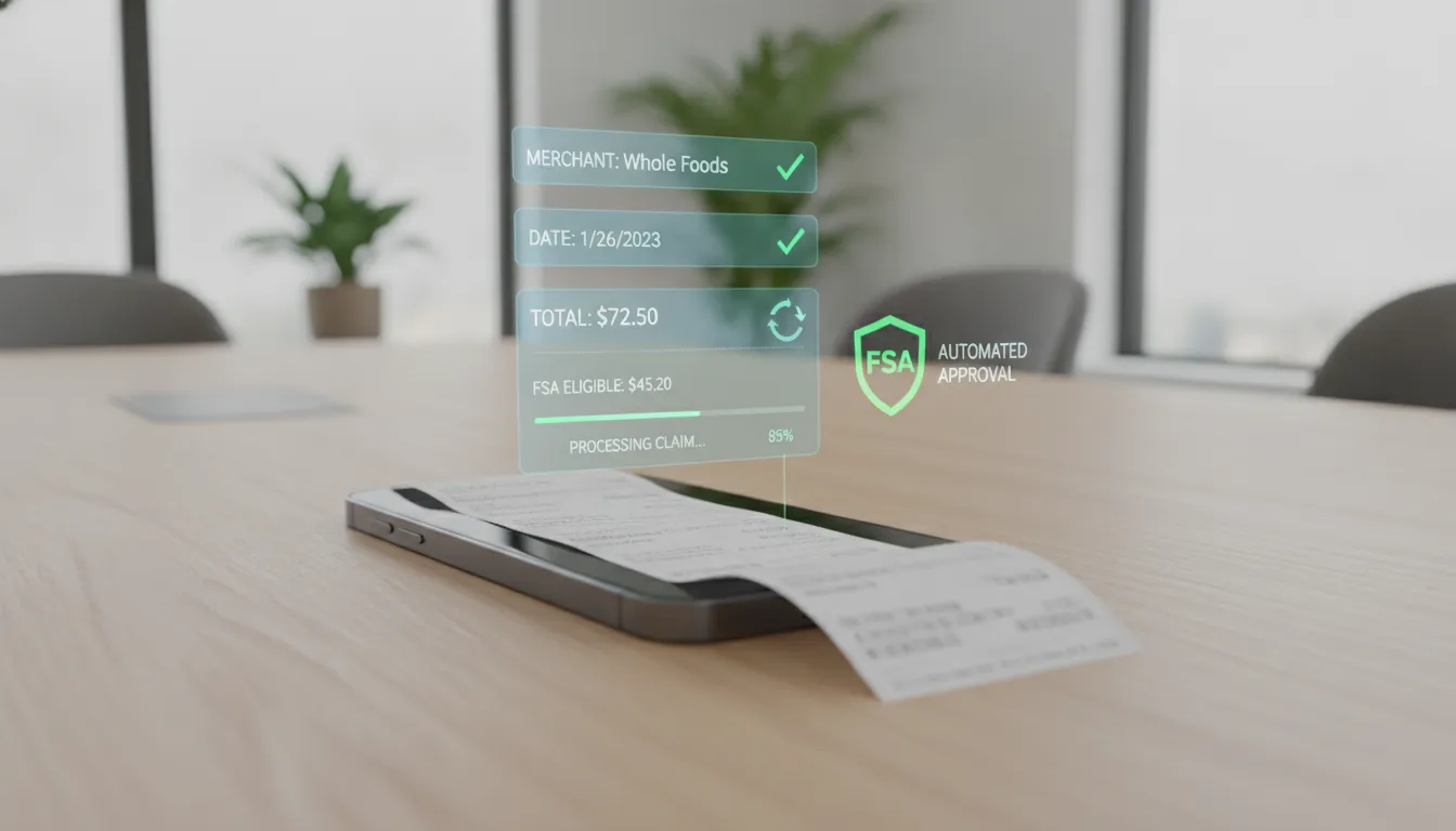 Smartphone scanning a receipt with floating digital data fields and approval indicators illustrating FSA claim automation