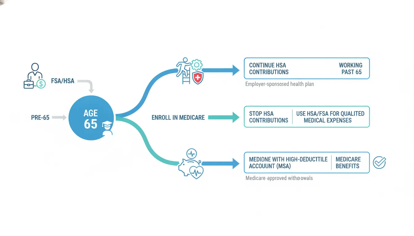 Roadmap diagram showing paths from FSA and HSA accounts to Medicare including working past 65, enrolling in Medicare, and using health savings