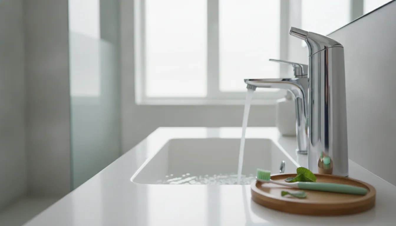 A modern dental care setup with a water flosser beside a clean basin and a fresh toothbrush, shown as a landscape preventive-oral-hygiene scene