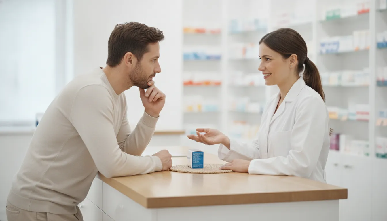 person talking with a pharmacist at a pharmacy counter about a prescription for excessive sweating