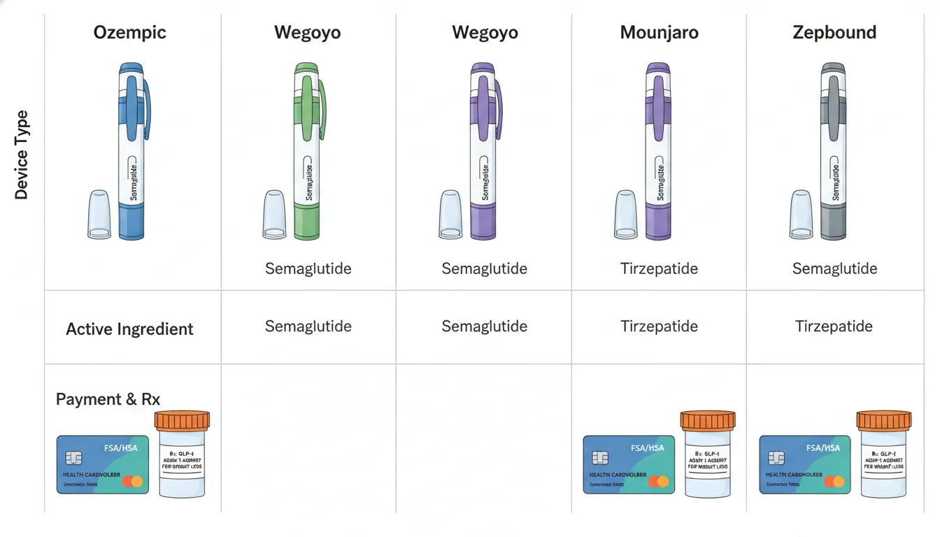 Comparison chart showing GLP-1 injector pens alongside FSA card and prescription bottle