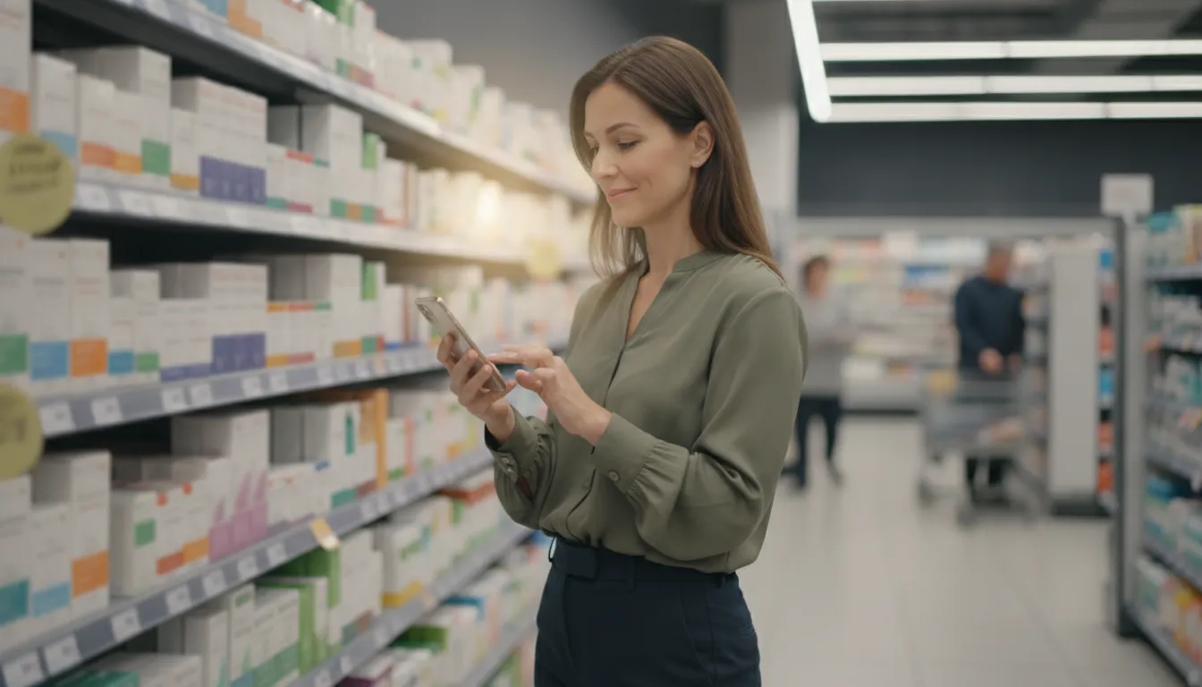 Shopper using a smartphone to check if a wellness product is eligible on a health spending account