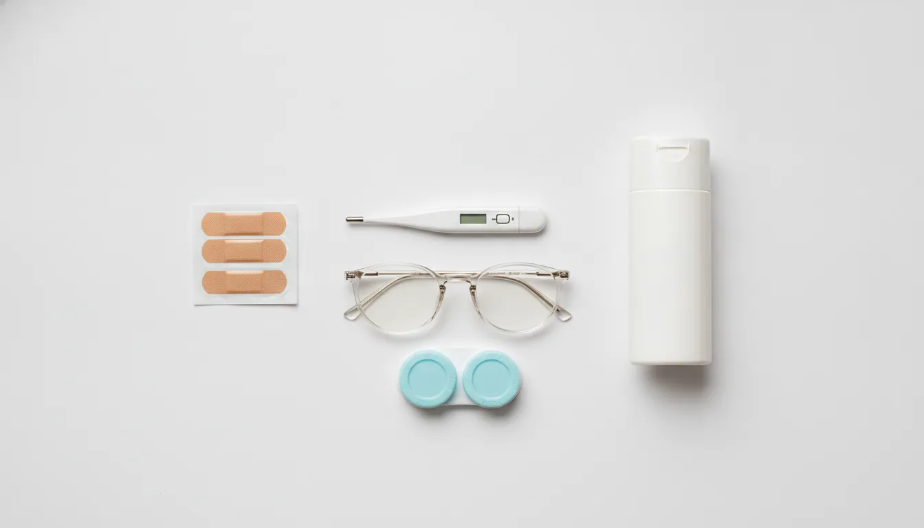 Flat lay of health and wellness products including a thermometer, bandages, sunscreen, prescription glasses, and contact lens case arranged on a clean white surface