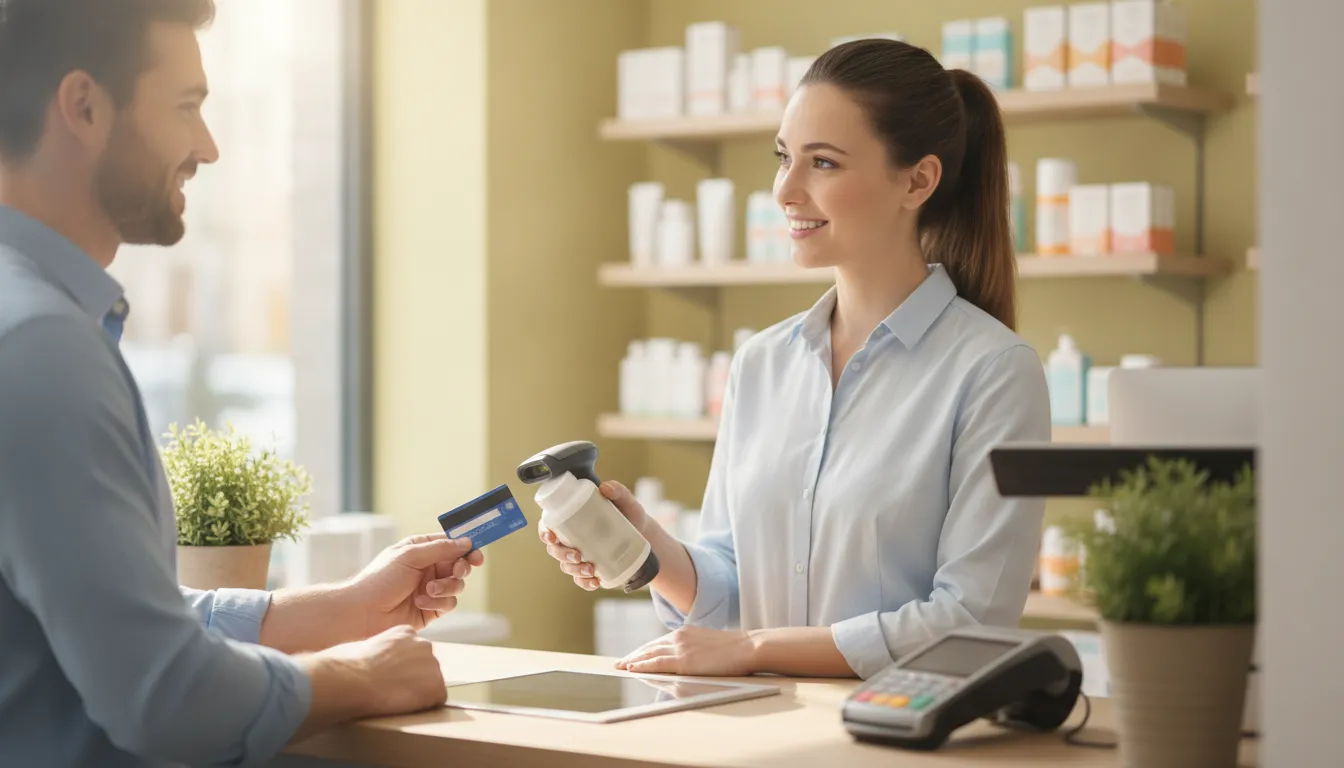 Customer and cashier at a modern pharmacy register during a wellness product checkout