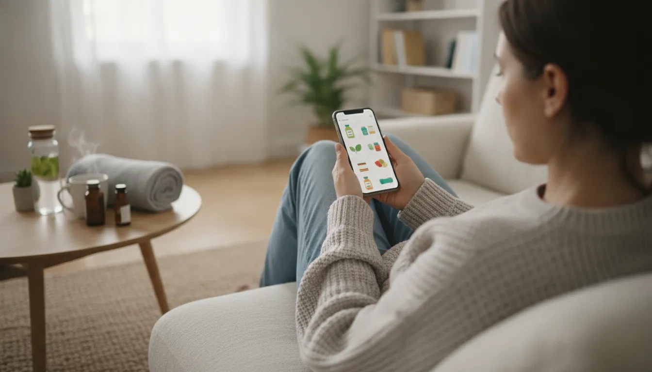 Person using a smartphone to compare health and wellness products on a shopping app in a cozy living room with natural window light