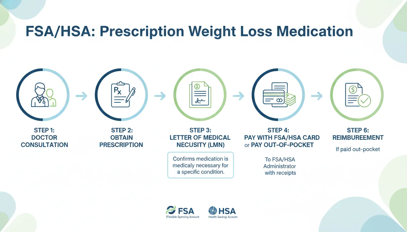 Step-by-step infographic showing how to use FSA for prescription weight loss medications