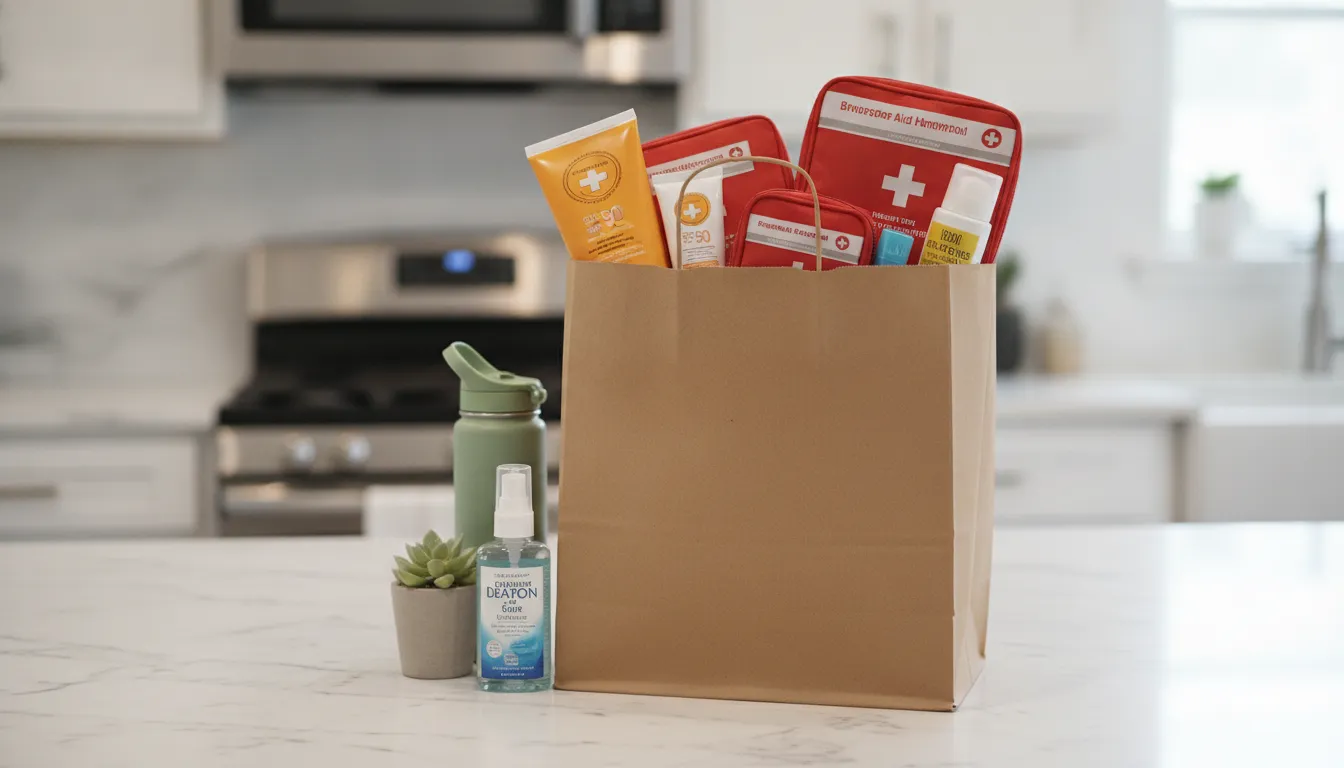 A collection of eligible wellness items including first-aid kits and sunscreens ready for delivery