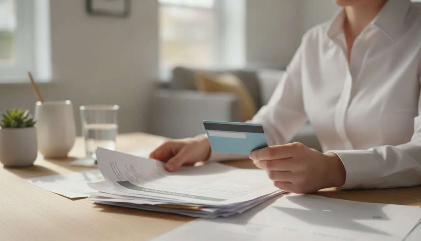 A person organizing health expense documentation and receipts at a clean home desk