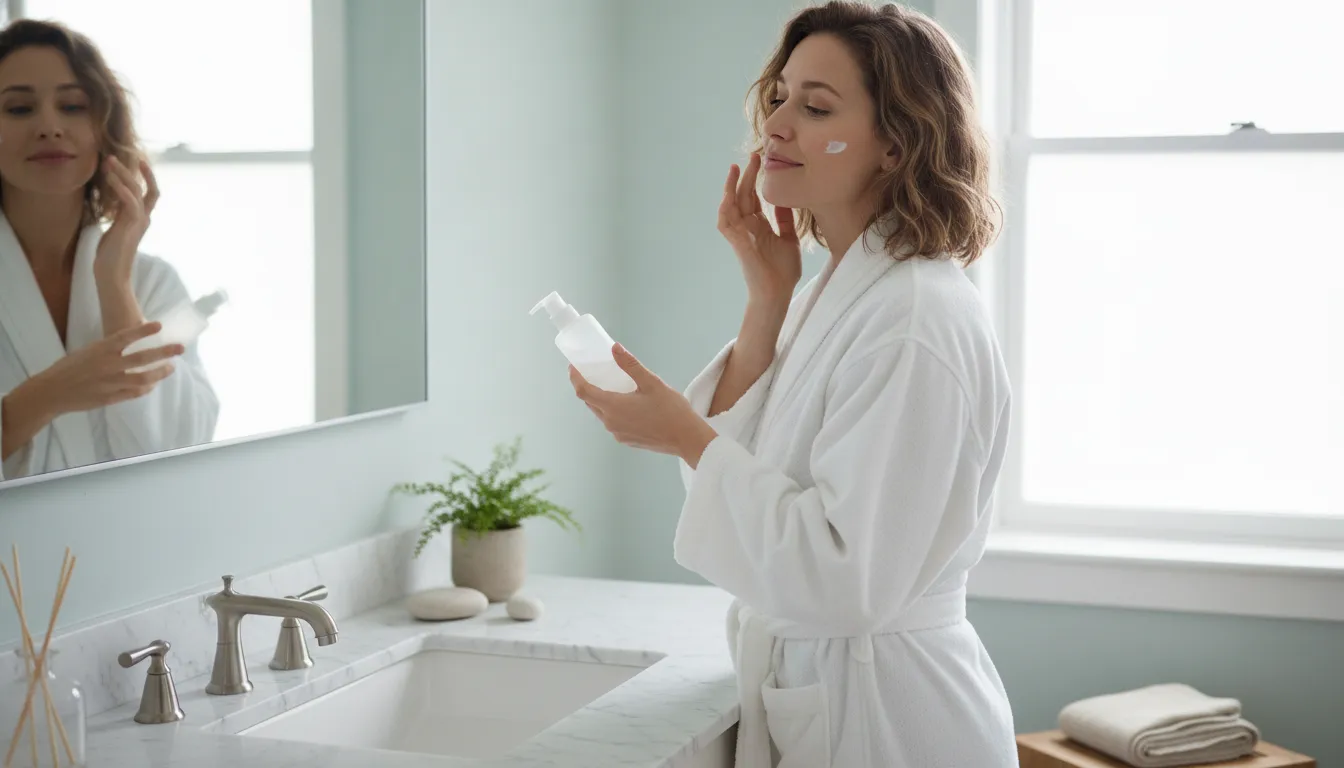 person in a morning routine applying a personal care product