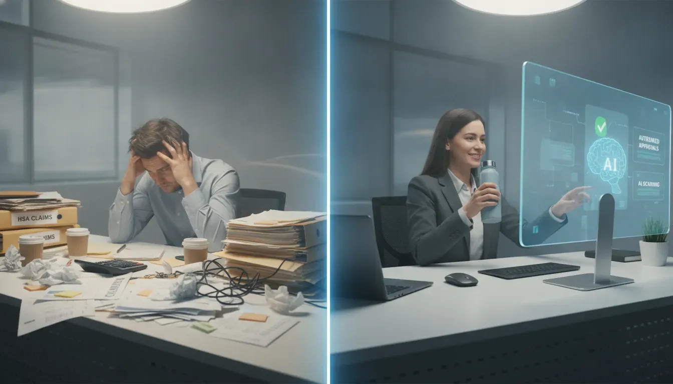 Side-by-side comparison of manual HSA claims processing with paperwork versus automated digital AI-powered workflow