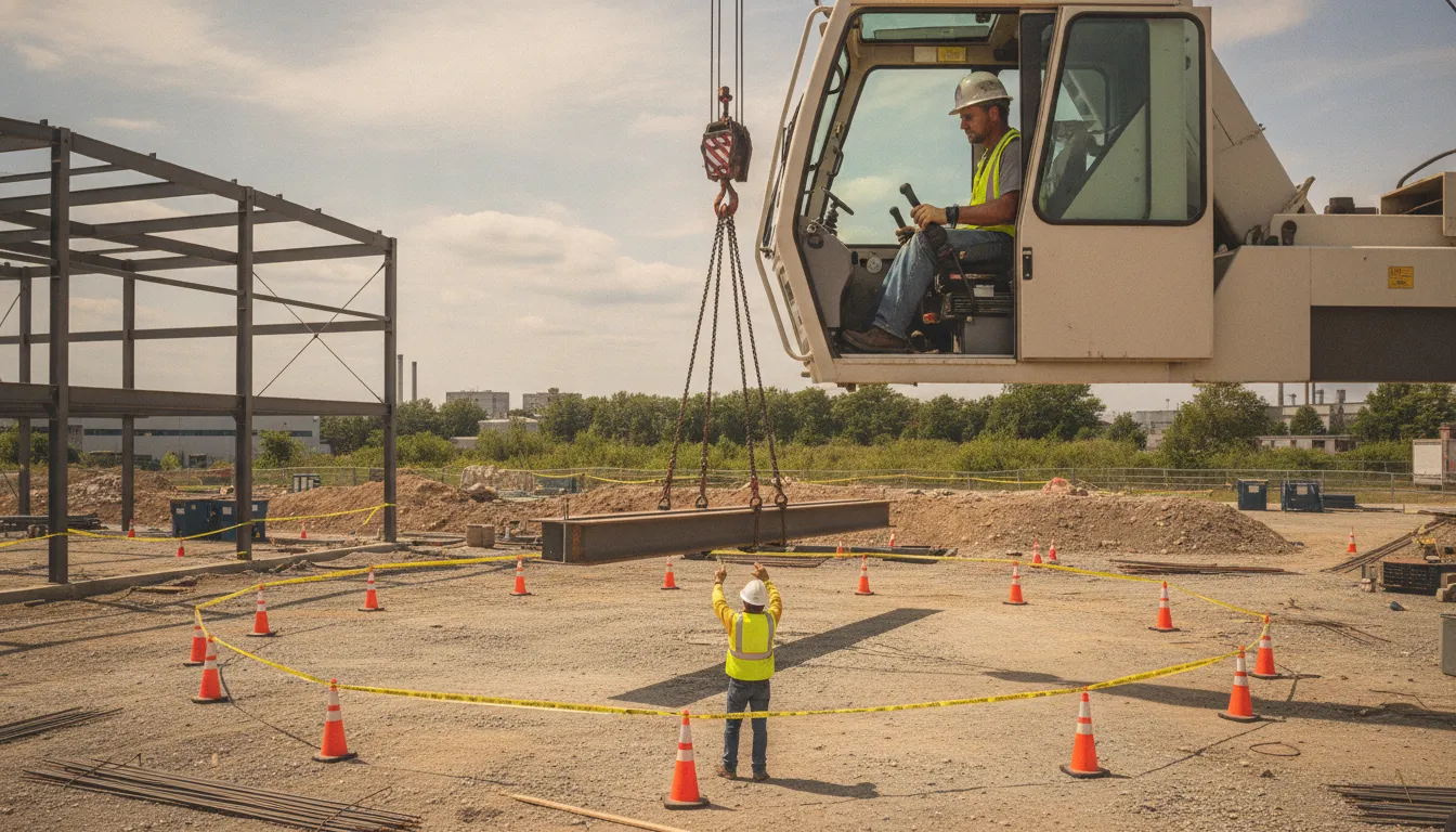Massachusetts crane operator and signal person coordinating a controlled lift