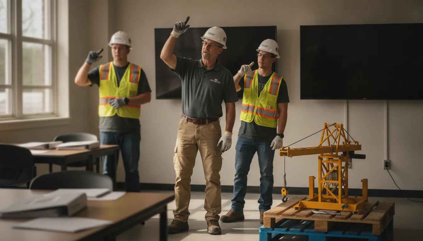 Instructor demonstrating crane safety communication in a training classroom
