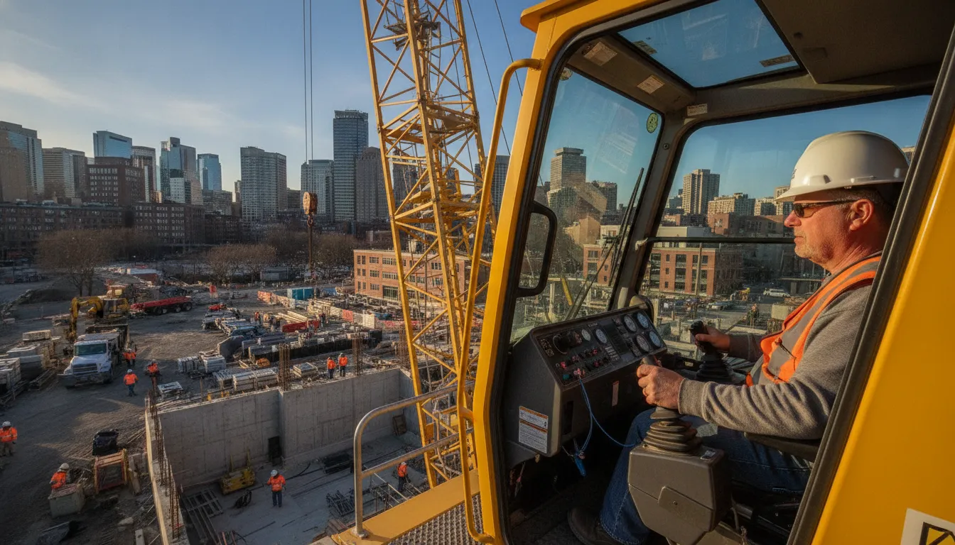 Crane operator working at a construction site in Massachusetts with a city skyline in the background