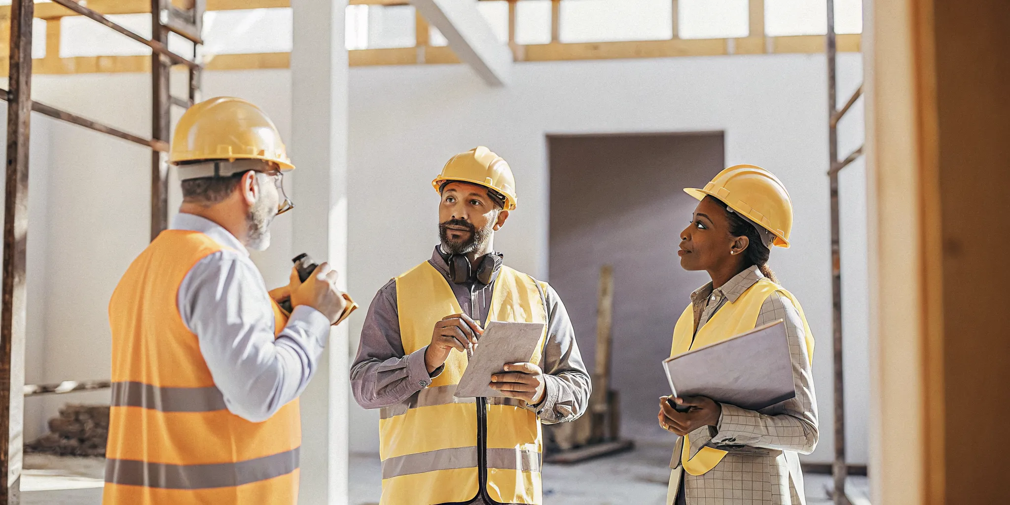 Construction crew communicating on Massachusetts jobsite with heavy equipment