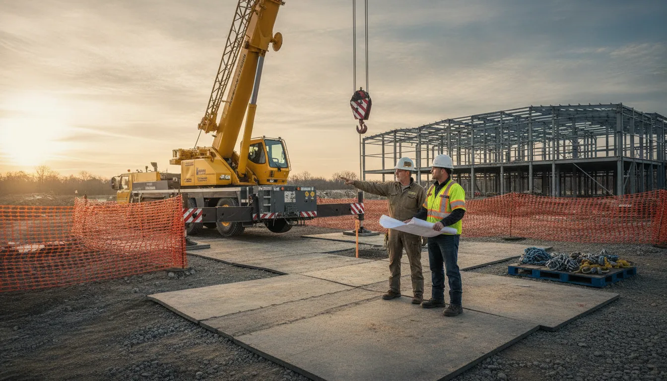Mobile crane positioned on a prepared construction site for a planned lift