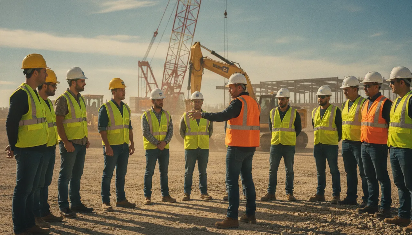 On-site hoisting training instructor with a small equipment operators group at a Massachusetts jobsite