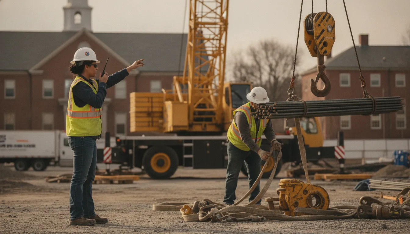 Instructor demonstrating safe rigging practices at a Massachusetts jobsite